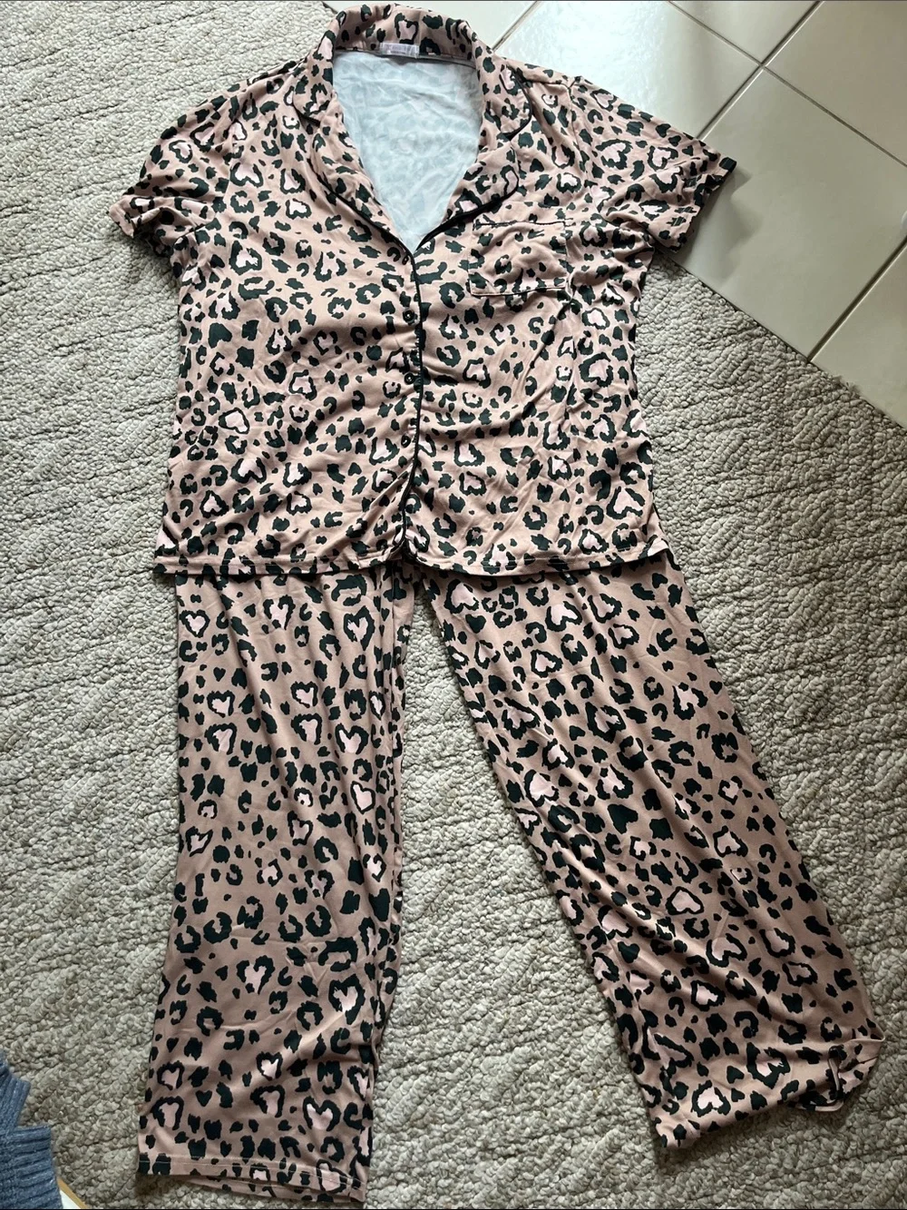 Womens Pink Leopard-Print Short-Sleeve Pajama Set